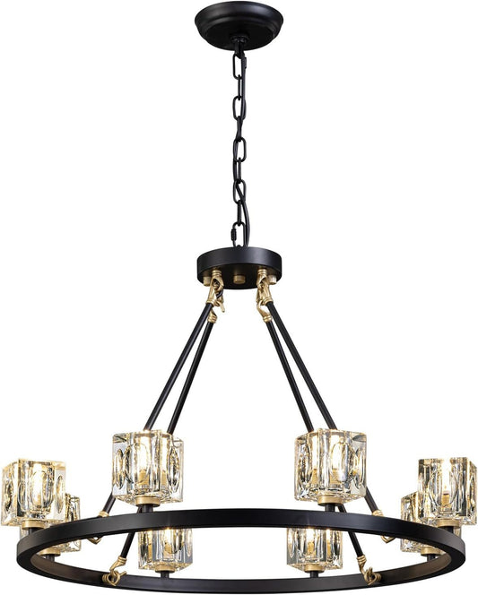 US Local Black Wagon Wheel Chandelier, 8-Light Farmhouse Crystal Chandeleirs With Adjustable Height,Ceiling Hanging Light Fixture Pendant Lights For Living Room,Bedroom,Kitchen Island,Dining Room,Bedroom