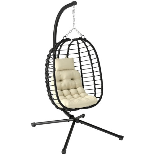 UK Local Outsunny Rattan Hanging Egg Chair, Foldable Wicker Hammock Swing Chair With Cushion, Stand, Adjustable Height, Head Pillow, Steel Frame For Garden Patio Indoor Outdoor, Cream White