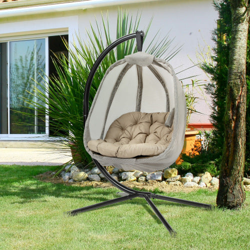 UK Local Outsunny Hanging Egg Chair, Folding Texteline Swing Hammock With Side Pocket, Cushion And Stand For Indoor Outdoor, Patio Garden Furniture, Khaki