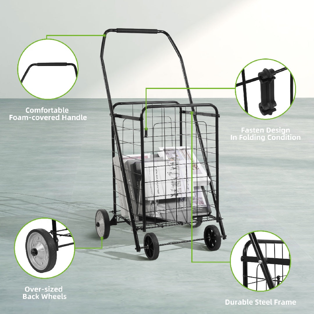US Local Only Supports Self Pickup Foldable Shopping Grocery Cart With Rollers For Storage, Laundry, Reading, Luggage Travel, Compact And Portable, Black