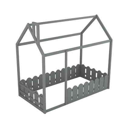 US Local Twin Size Wood House Bed Frame With Fence For Kids, Teens - No Slats