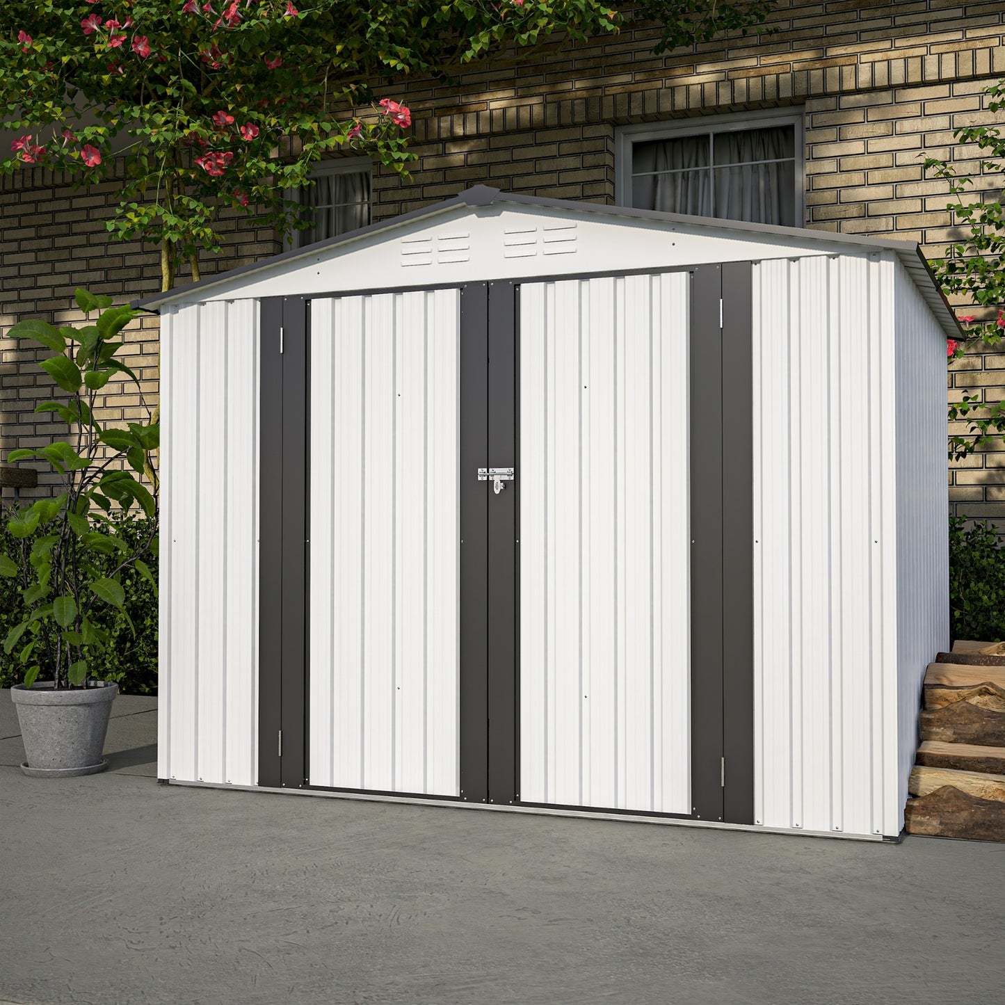 US Local 8 X 6 Ft Outdoor Storage Shed, All Weather Metal Sheds With 2 Lockable Doors, Tool Shed For Garden,