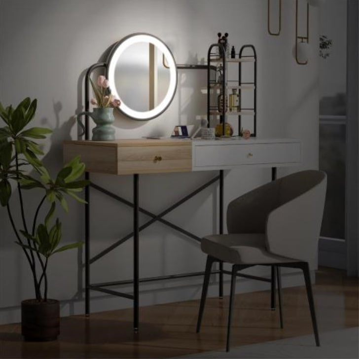 US Local Makeup Vanity Desk With 3-Mode Lighted Mirror & Wireless Charging Station , Vanity Table With Drawer & 3 Open Shelves For Ample Storage Space
