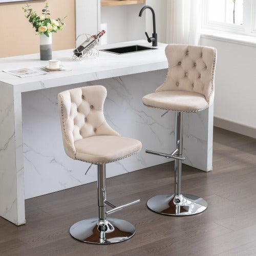 US Local Swivel Velvet Barstools Adjusatble Seat Height From 25-33 Inch Beige,Set Of 2