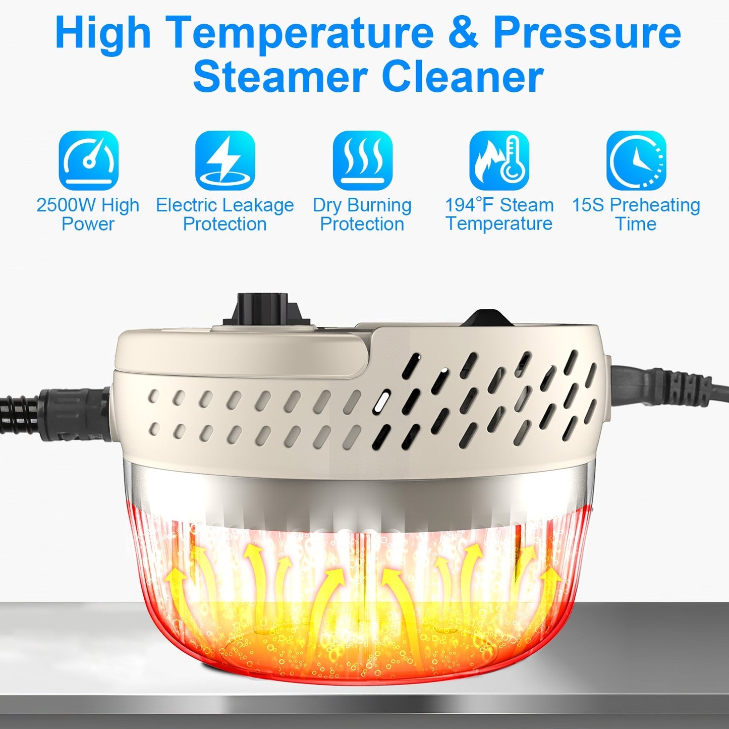 US Local 1Pc 2500W Handheld High Temperature And Pressure Steamer Cleaner With 1400ML Tank 9 Accessories 6 Steam Levels For Dirt Grease Grout Tile Floor Couch Car