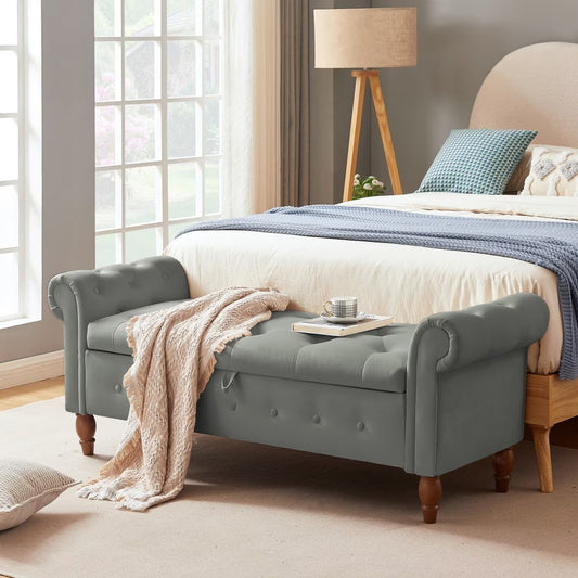 US Local Velvet Multifunctional Storage Rectangular Sofa Stool - Grey