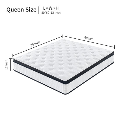 US Local 12 Inch Hybrid Mattress Individual Pocket Spring Memory Foam Knitted Cover CertiPUR-US White