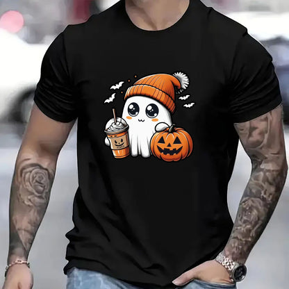 Men's Halloween And Pumpkin Pattern T-shirt - Casual Round Neck Short Sleeve Summer Outdoor Activity Shirt