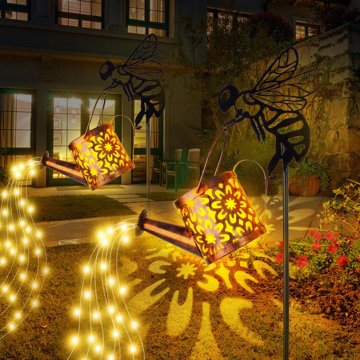 US Local Solar Garden Lights Outdoor Decoration,Flower-shaped Lights Metal Solar Watering Can Lights Outdoor Waterproof, Small Patio Light Yard Lawn Pathway Decor, Gardening Gifts Solar Lantern Out