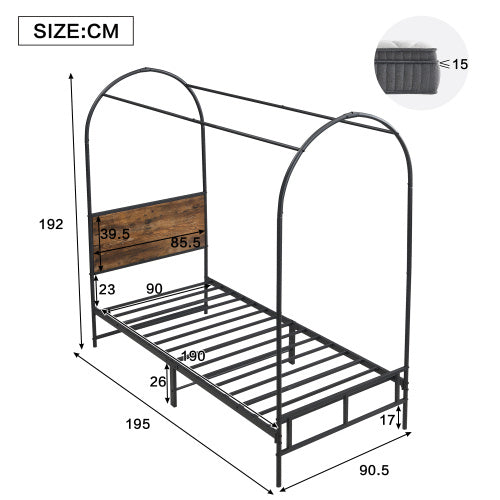 UK Local Metal Bed, 3FT Single Bed 90x190cm, Durable And Sturdy, Canopy Twin Bed, Iron Bed For Adults  Teenagers, Blackwood Color Bed Frame Only, Drape Not Included