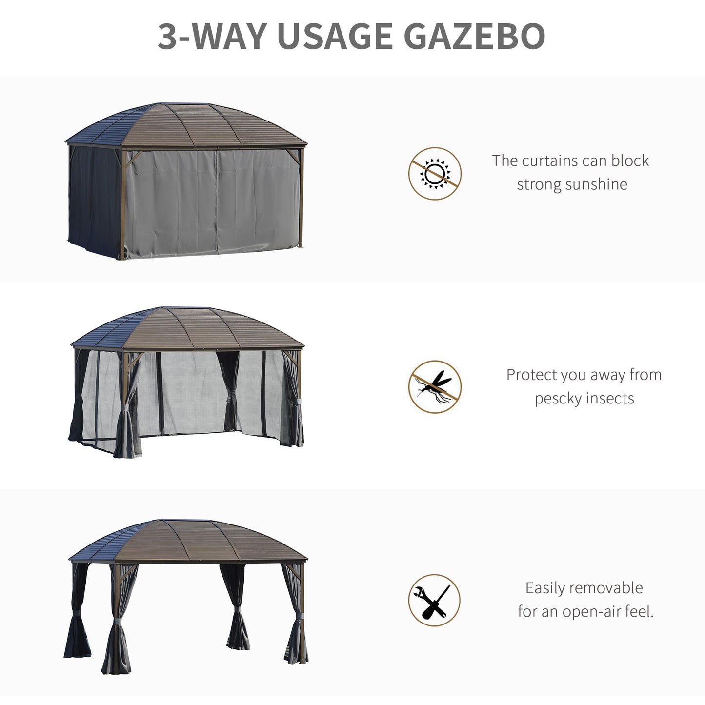 US Local 10x13 Gray Hardtop Gazebo With Steel Roof Curtains Netting Pavilion Ceiling Hook For Patio Garden