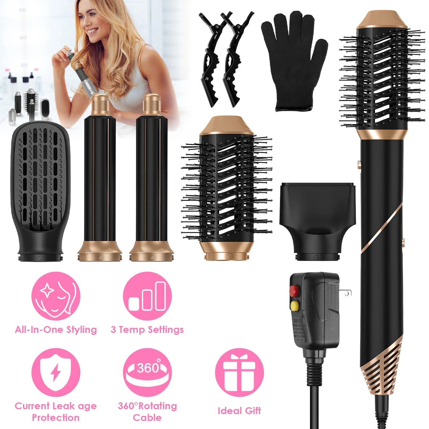 US Local 5 In 1 Hot Air Styler Straightener Curler Dryer Automatic Wrap Styler Hair Dryer Brush Set With 3 Temp Settings ALCI Plug Glove Cable Tie 2 Alligator Hair Clips GPCT5395