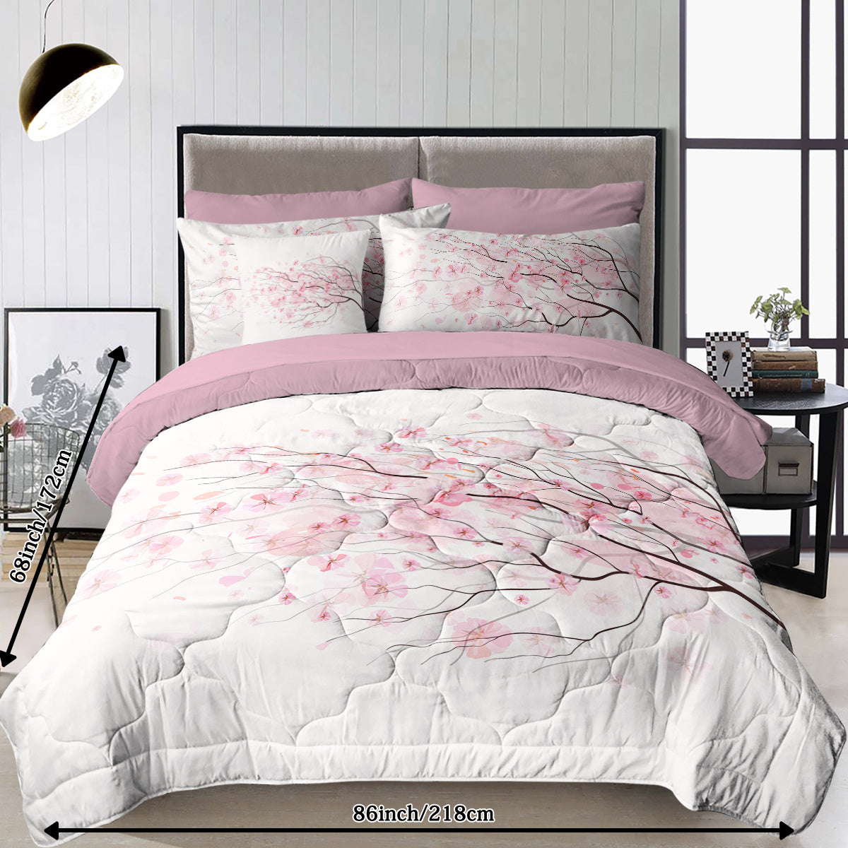 US Local Cherry Blossom Pattern Comforter Set 8PCS Twin Size Soft Bedding Set,1 Comforter,1 Pilow Cover,1 Flat Sheet,1 Fitted Sheet,4 Cushion Cover