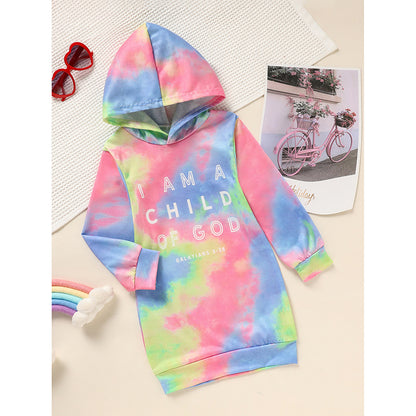 US Local Toddler Girls Long Sleeve Tie Dye Hooded Dress Adorable & Comfortable Daily Wear For Kids
