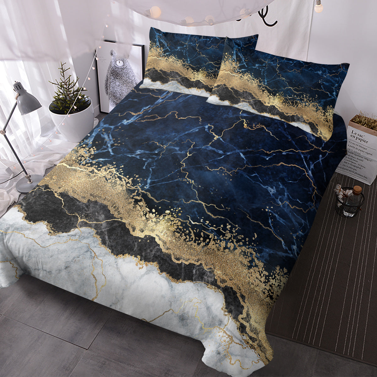 US & UK Local Chic Marble Bedding White Marble Gilded Navy Blue Duvet Cover Set Trendy Printed Design Bed Quilt Cover Set King 1 Duvet Cover 2 Pillowcases
