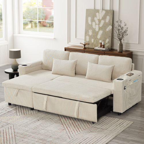 UK Local 3 In 1 Convertible Corduroy Sofa Bed With Storage Chaise, L Shaped Sleeper Sofa Couches With Armrest Storage And Charging Station. Pullout Sectional Daybed For Living RoomBedroomOffice, Grey