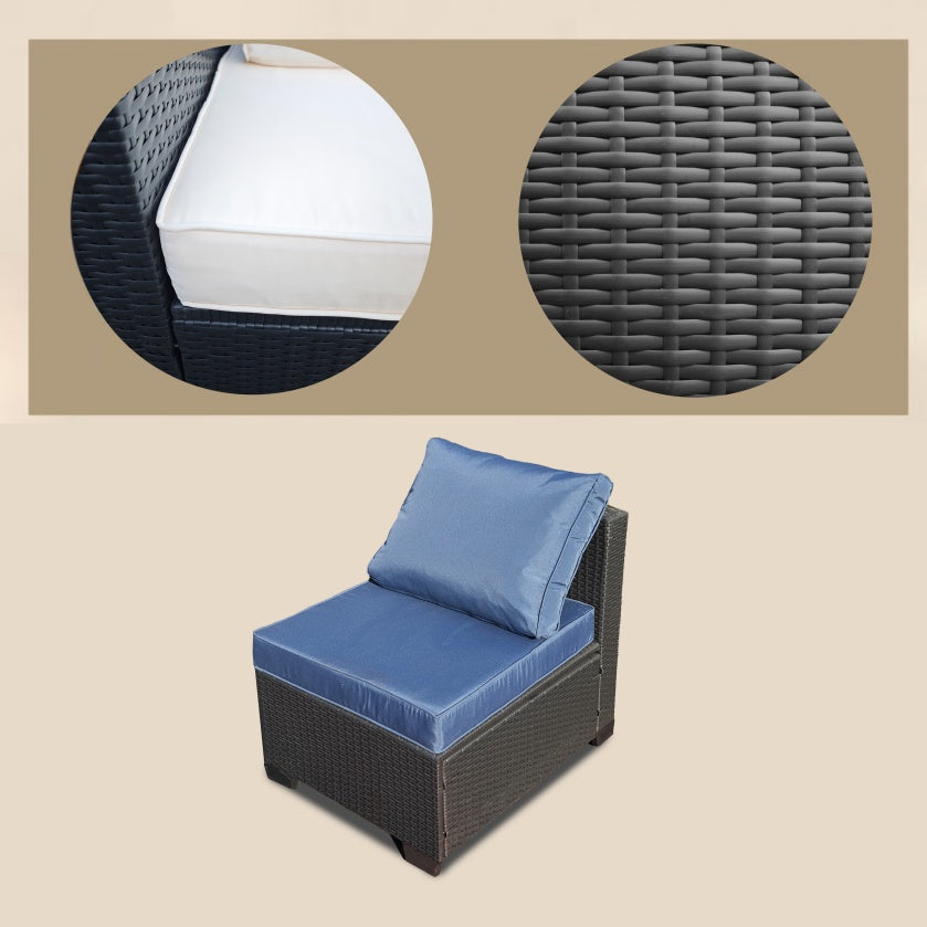 US Local Seven-Piece Sofa Set Table With Sofa Chair Black PE Rattan Outdoor Furniture 7-JH001 Box 3-1-2-3 With Blue Color Cushion