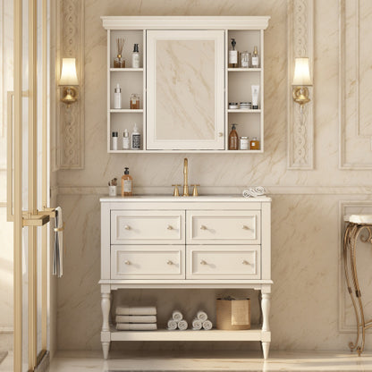 US Local 36'' Bathroom Vanity With Medicine Cabinet, Modern Mirror Cabinet With Adjustable Shelf, Bathroom Storage Cabinet With 4 Drawers, Solid Wood Frame Bathroom Storage Cabinet