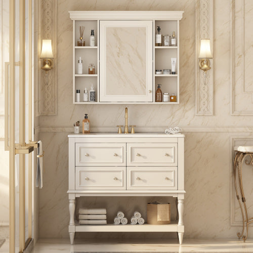 US Local 36'' Bathroom Vanity With Medicine Cabinet, Modern Mirror Cabinet With Adjustable Shelf, Bathroom Storage Cabinet With 4 Drawers, Solid Wood Frame Bathroom Storage Cabinet