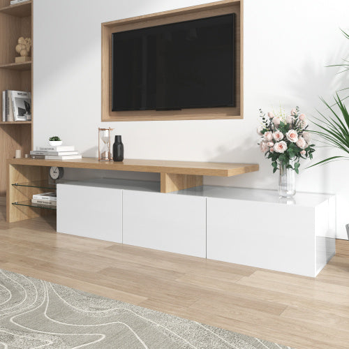 UK Local Modern TV Cabinet Design Stylish And Elegant, Practical Storage, High-gloss White, Wooden Look, Glass Shelves, LED Lighting