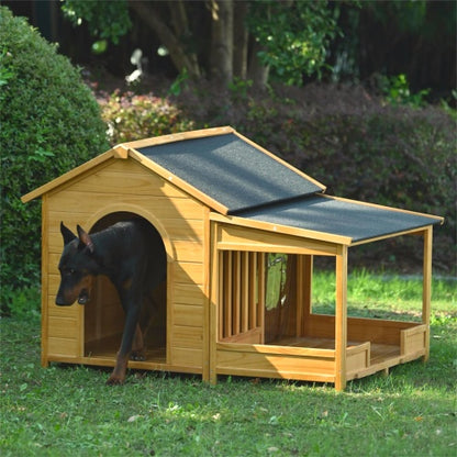 US Local 60.2 Large Wooden Dog House With Porch, Cabin Style Dog Crate With Asphalt Roof And Elevated Floor, Dog Kennel With Side Window And Doors, Perfect For Medium & Large Dogs, Nature