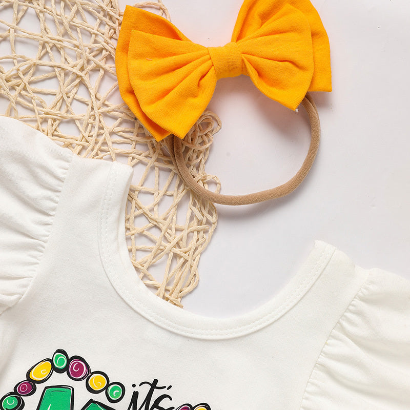 US Local Baby Girls' Mardi Gras Outfit Set Ruffle Sleeve Letter Print Bodysuit, Mesh Tutu Skirt & Hairband