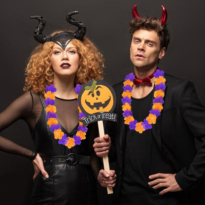 US Local 24 Pcs Halloween Leis Hawaiian Leis Necklace Tropical Flower Lei Floral Luau Party Decorations Orange Purple Dance Garland Headbands Photo Booth Photo Props For Halloween Birthday Trick Or Treat Party