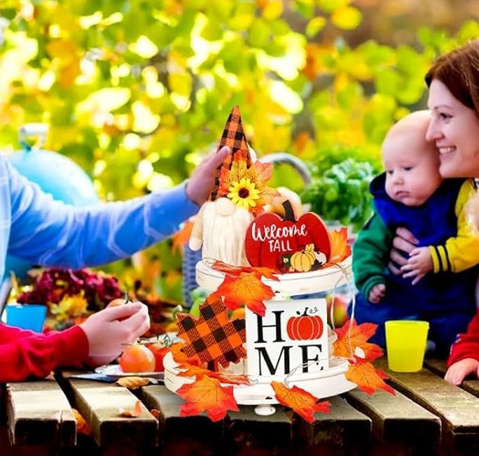 US Local Fall Gnome Tiered Tray Decorations Set Farmhouse Pumpkin Decor Autumn Maple Leaf Table Centerpieces With Fall String Lights Thankgiving Day Fall Greeting Card Autumn Harvest Decorations
