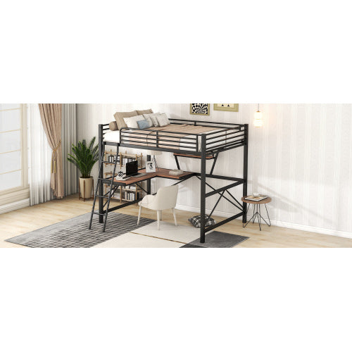 US Local Full Size Loft Metal&MDF Bed With Desk And Shelf, Black