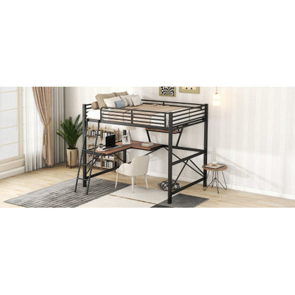 US Local Full Size Loft Metal&MDF Bed With Desk And Shelf, Black