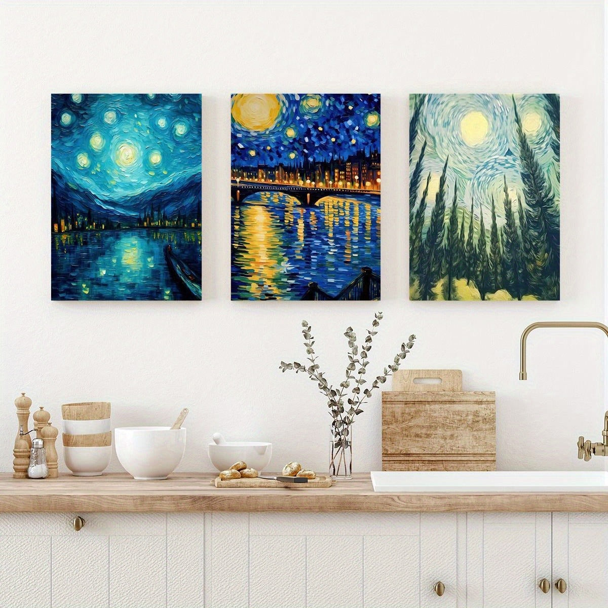 US Local 3-piece Starry Sky Canvas Wall Art Set, Abstract Blue Night Sky Landscape Prints, Wrapped Pine Frames, Classic Decorative Art Style, Modern Indoor Outdoor Wall Hanging Decor, Suitable For Living Room
