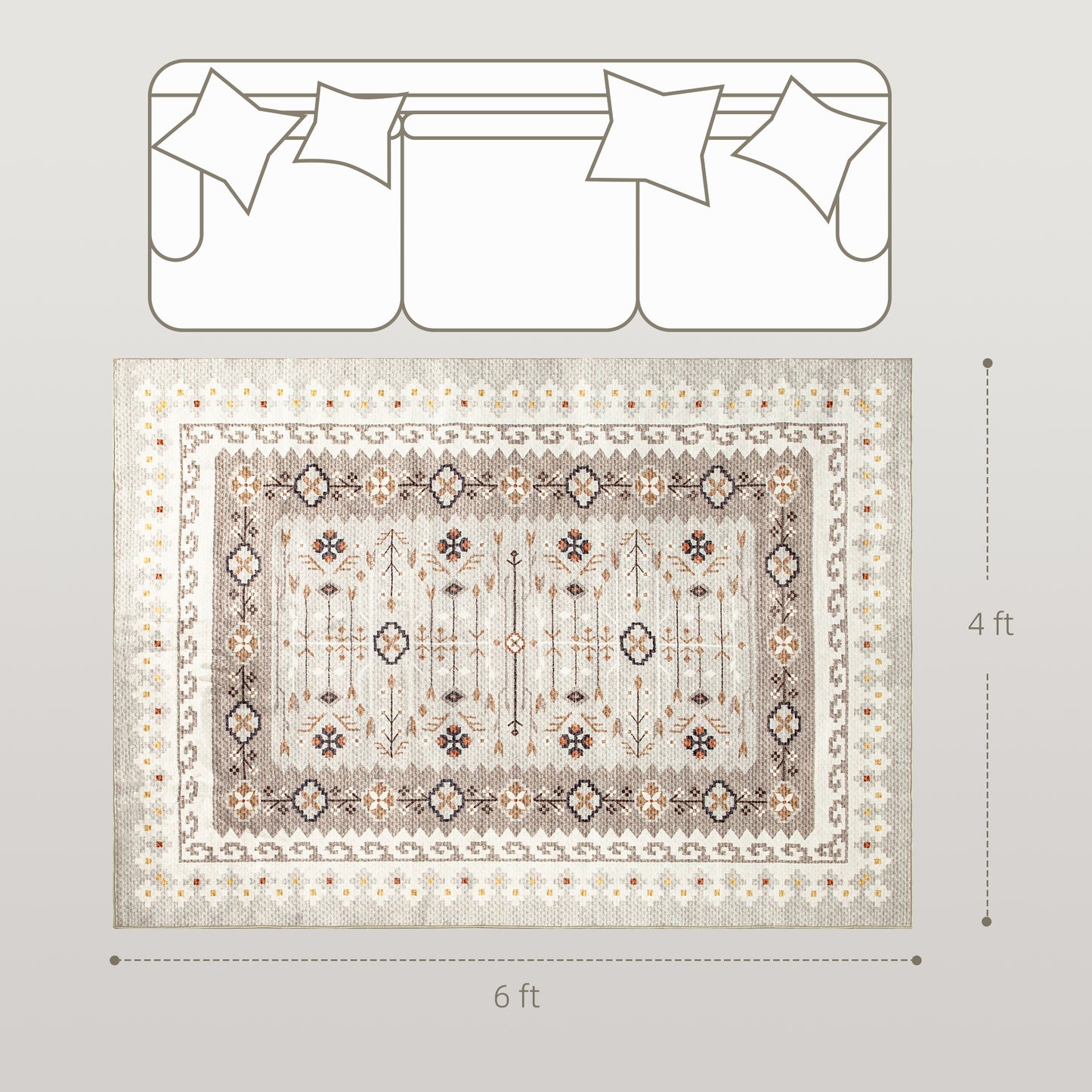 US Local Machine Washable Area Rug 4x6, Non-Slip Boho Flannel Print Floor Carpet For Living Room, Bedroom, Dining Room, Brown