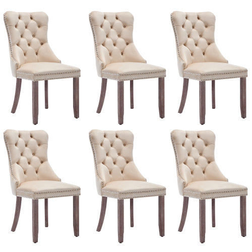 UK Local Modern Set Of 6 Upholstered Velvet Dining Chairs, Button Tufted Kitchen Lounge Chairs With Brushed Wood Legs, Riveted Trim And Knocker Ring, For Dining Room Living Room