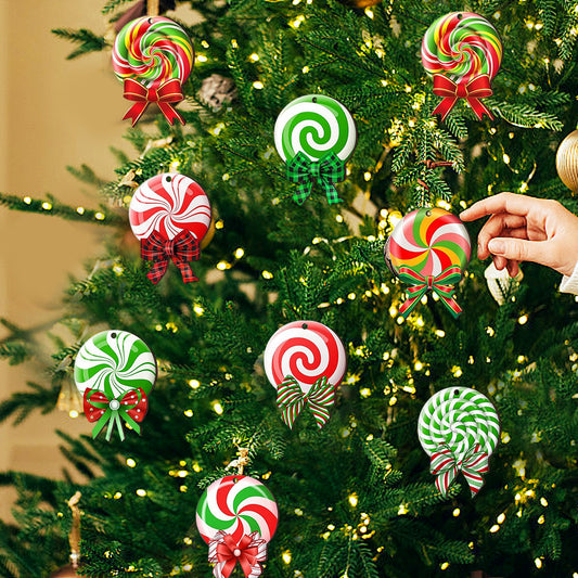 US Local 24PCS Christmas Candy Ornament With Ropes Colorful Candy Round Lollipop Wooden Pendant Xmas Hanging Decoration For Christmas Indoor Outdoor Home Yard Party Porch Decor