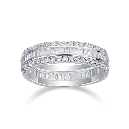 US Local Square Diamond Arrangement, Double Array Diamonds, Luxury Fashion Moissanite Silver Ring