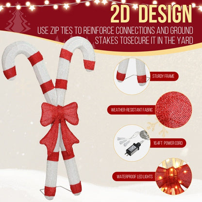 US Local Lighted Candy Cane And Red Bowknot Christmas Decorations, Pre-lit 2D Holiday Decor With 100 Warm White LED Lights For Xmas Outdoor Indoor Decor Lighted Holiday Displays