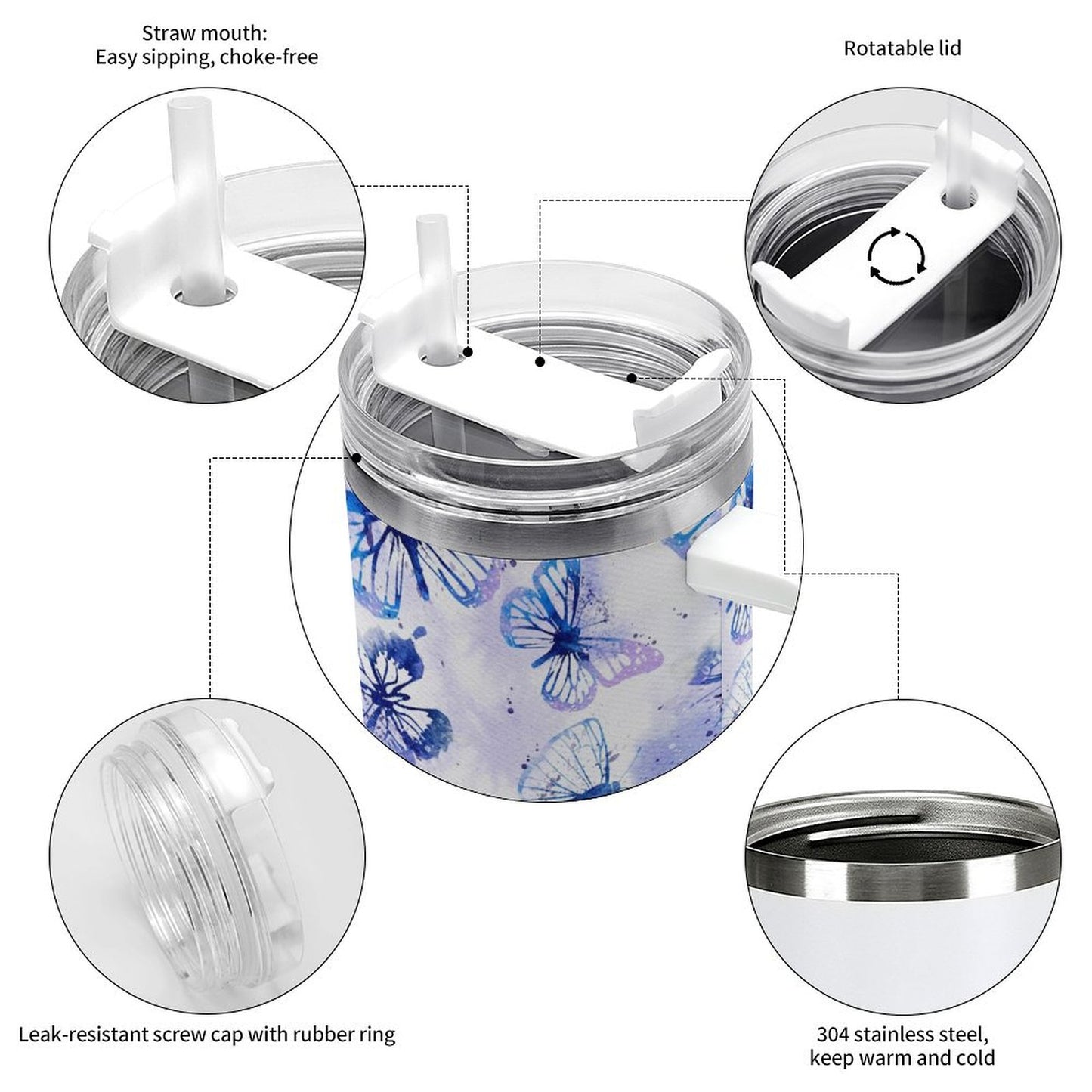 PHDT00534 POD US Local Tumbler 40oz Large Capacity Car Cup Butterfly Watercolor