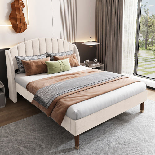 UK Local Upholstered Bed,Double Bed-4ft6 135x190cm,with Slatted Frame And Headboard, Youth Bed, Wooden Slatted Support, Easy Assembly, Velvet, Beige