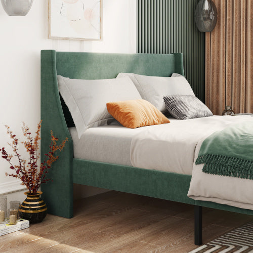 UK Local Single Bed Velvet Dark Green 3FT Upholstered Bed With Winged Headboard, Wood Slat Support