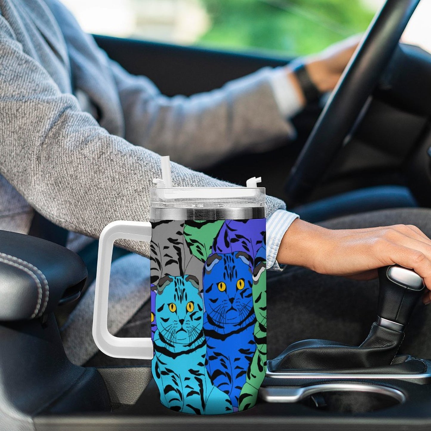 PHDT00347 POD US Local Tumbler 40 oz Large Capacity Car Cup Colorful Cat, Stacked