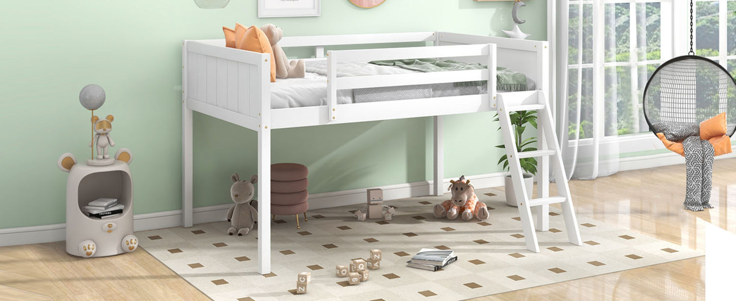 US Local Twin Size Wood Low Loft Bed With Ladder, Ladder Can Be Placed On The Left Or Right, White
