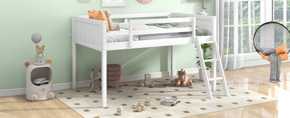US Local Twin Size Wood Low Loft Bed With Ladder, Ladder Can Be Placed On The Left Or Right, White