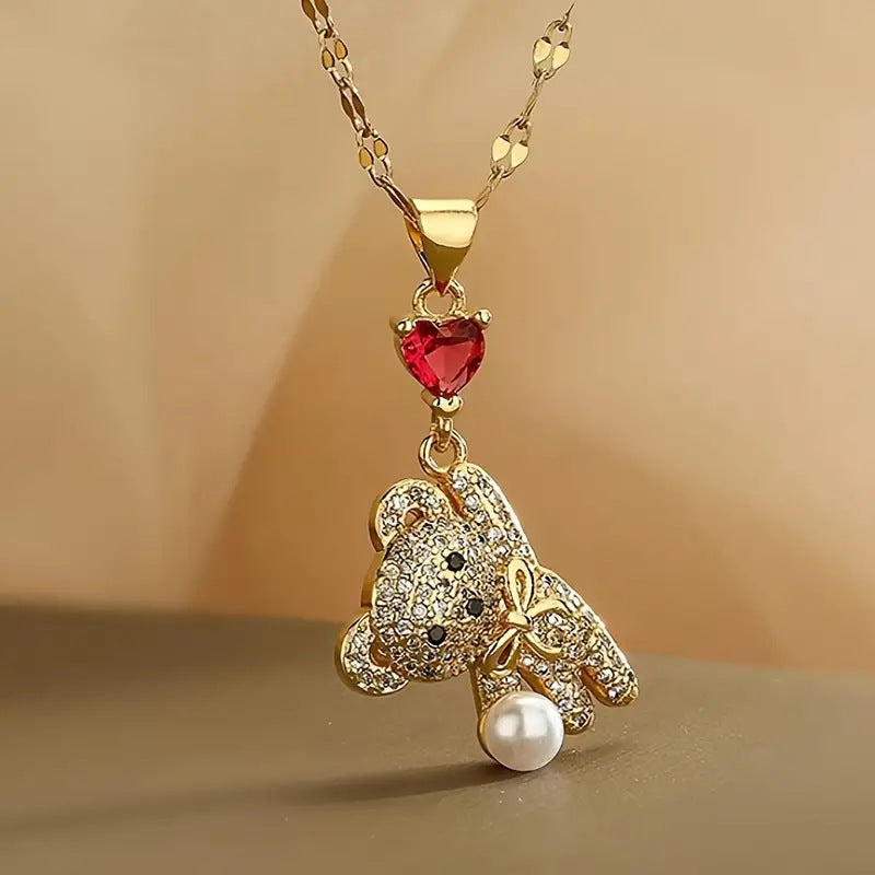 Micro Inlaid Zircon Love Balloon Bear Pearl Necklace