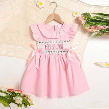 US Local Toddler Girl's Pink Ruffle Sleeve Dress Letter Embroidery & Bow Detail With Back Button Closure