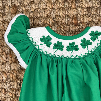 US Local Baby Short Sleeve Romper With Clover Embroidery, Ruffle Trim Playsuit For Summer Vacation