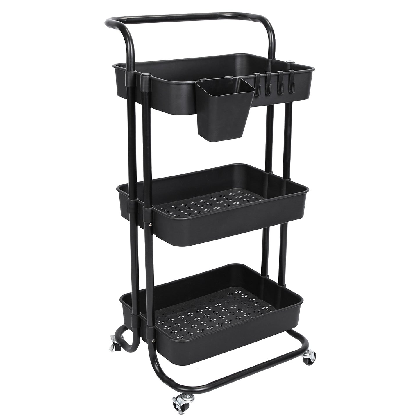 US Local Black-White Color Options 1Pc 3 Tier Rolling Utility Cart Movable Storage Organizer With Mesh Baskets Lockable Wheels 360 Degree Rotatable Hanging Box Hooks Bedroom Bathroom Kitchen