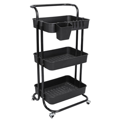 US Local Black-White Color Options 1Pc 3 Tier Rolling Utility Cart Movable Storage Organizer With Mesh Baskets Lockable Wheels 360 Degree Rotatable Hanging Box Hooks Bedroom Bathroom Kitchen