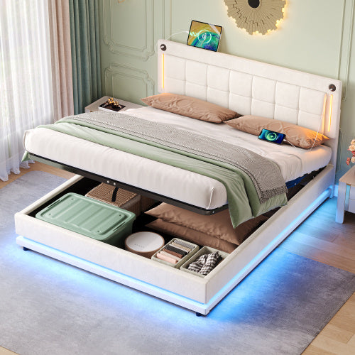 UK Local 5ft King LED Hydraulic Bed With Charging Station, Adjustable Square Tufted Headboard With Intelligent Control Light, Soft Velvet Bed Frame With USB And Type - C Ports, Beige