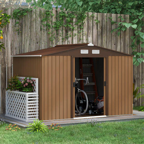 UK Local Outsunny 9 X 6ft Metal Garden Shed, Outdoor Storage Tool House With Ventilation Slots, Foundation Kit And Lockable Double Doors, Light Brown