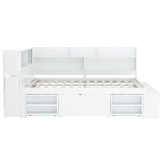 UK Local Children's Bed, Double Bed-4ft6  135x190cm  Multifunctional Children's Bed With Drawers, Bookcase And Storage Cupboard, Large Storage Space, Slatted Frame, Without Mattress, White